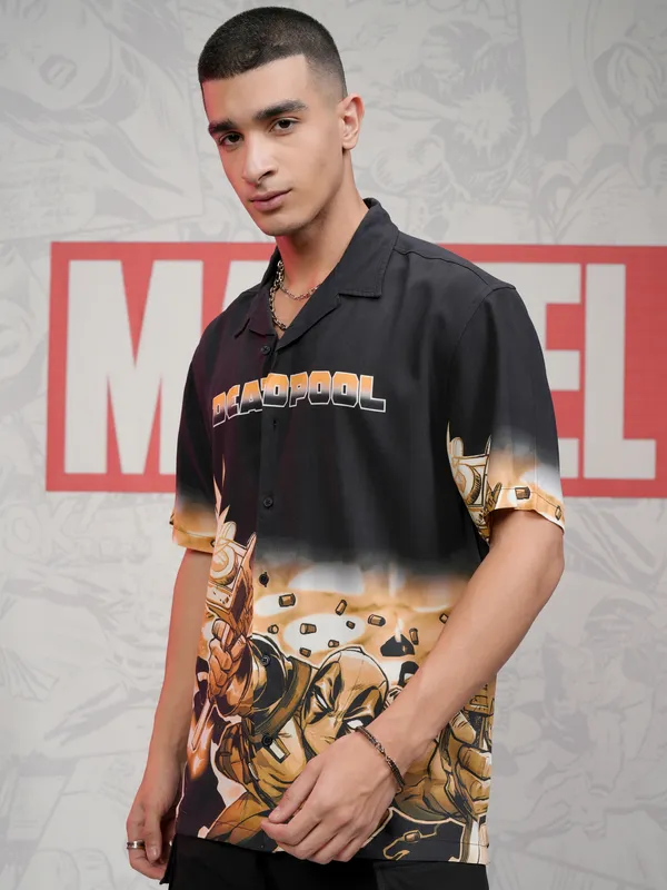 Marvel By Highlander Men Black Deadpool Printed Relaxed Fit Casual Shirt