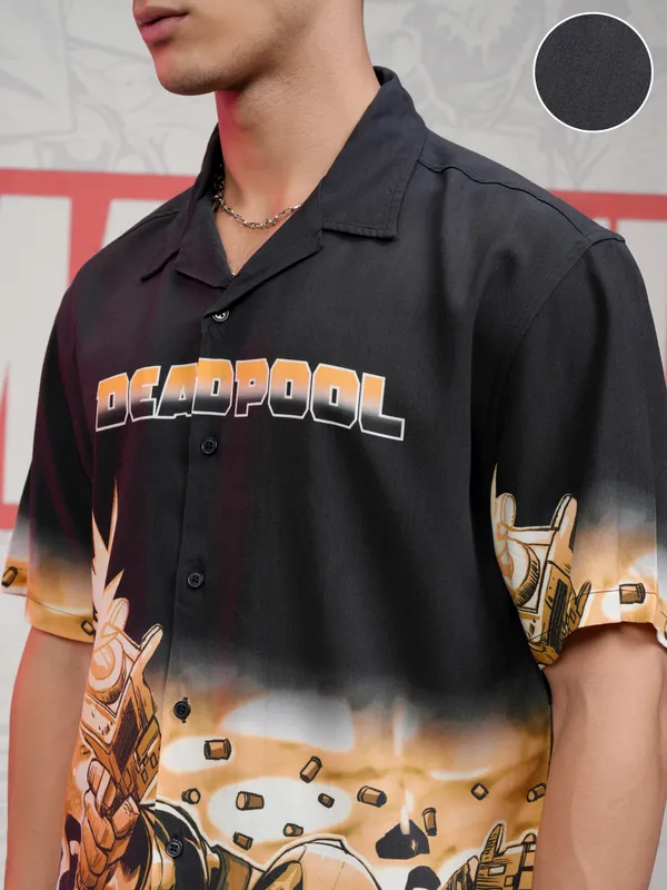 Marvel By Highlander Men Black Deadpool Printed Relaxed Fit Casual Shirt