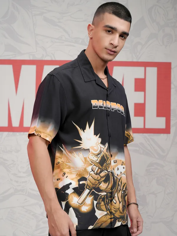 Marvel By Highlander Men Black Deadpool Printed Relaxed Fit Casual Shirt
