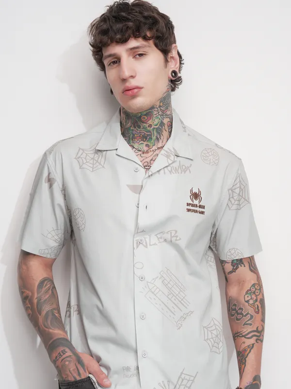 Marvel By Highlander Men Grey Spider-Man Printed Relaxed Fit Casual Shirt