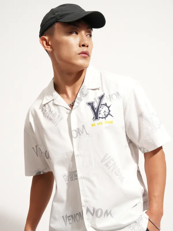 Marvel By Highlander Men White Venom Printed Relaxed Fit Casual Shirt