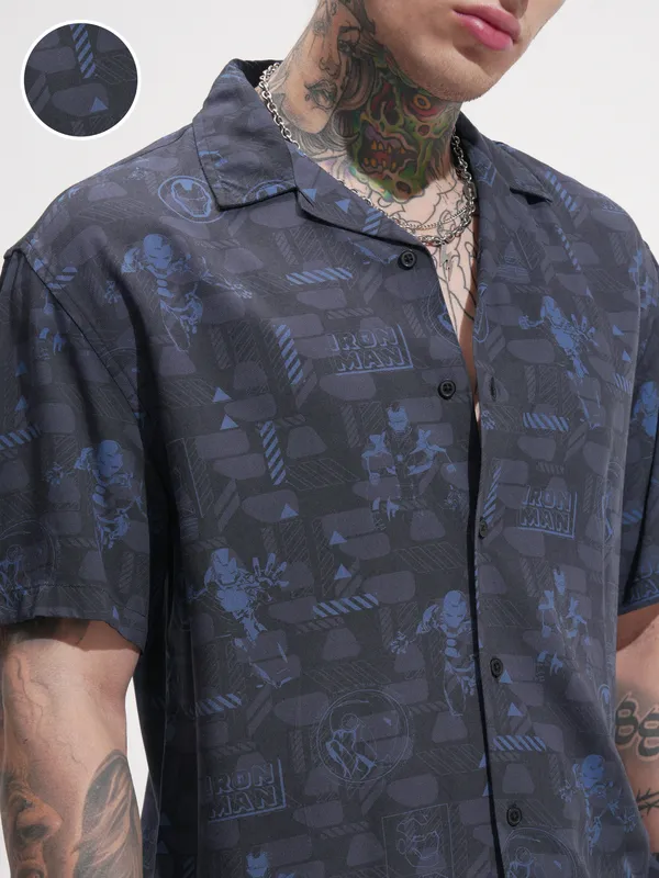 Marvel By Highlander Men Grey Iron Man Printed Relaxed Fit Casual Shirt