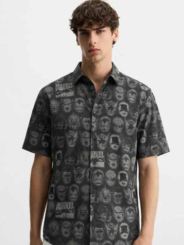 Marvel By Highlander Men Black Marvel Comics Printed Regular Fit Casual Shirt