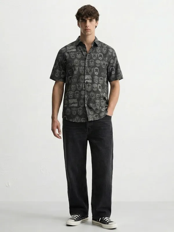 Marvel By Highlander Men Black Marvel Comics Printed Regular Fit Casual Shirt