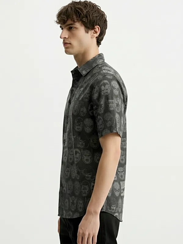 Marvel By Highlander Men Black Marvel Comics Printed Regular Fit Casual Shirt