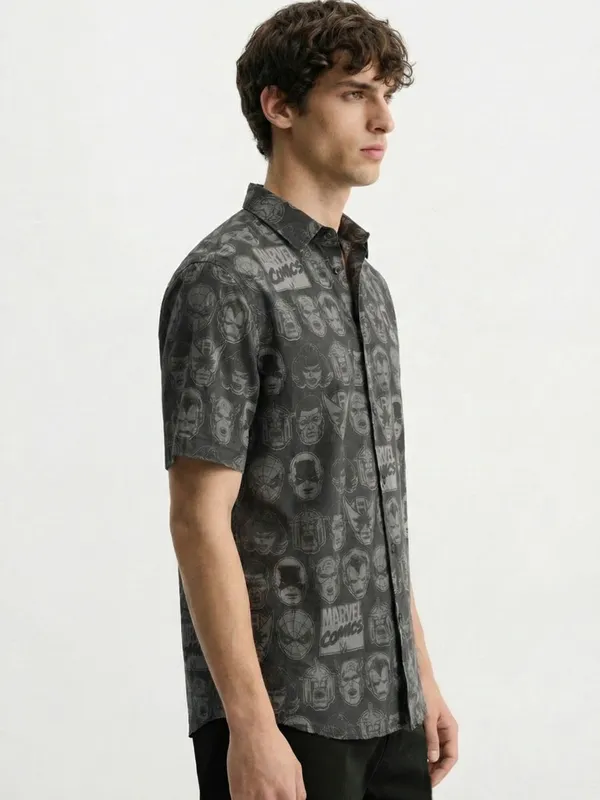 Marvel By Highlander Men Black Marvel Comics Printed Regular Fit Casual Shirt
