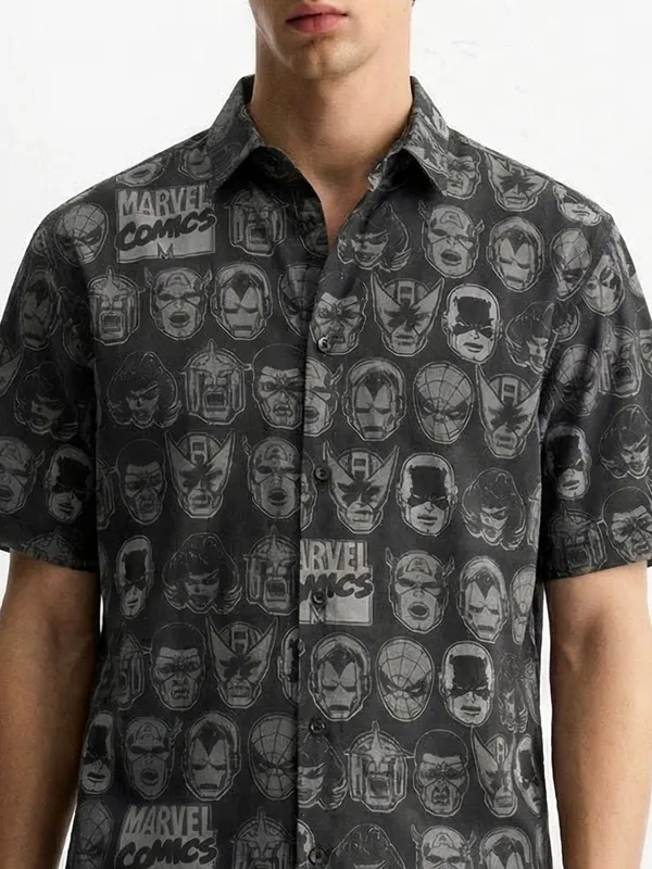 Marvel By Highlander Men Black Marvel Comics Printed Regular Fit Casual Shirt