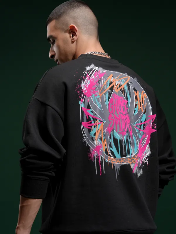 Marvel By Highlander Men Black Spider-Man Round Neck Pullover Sweatshirt