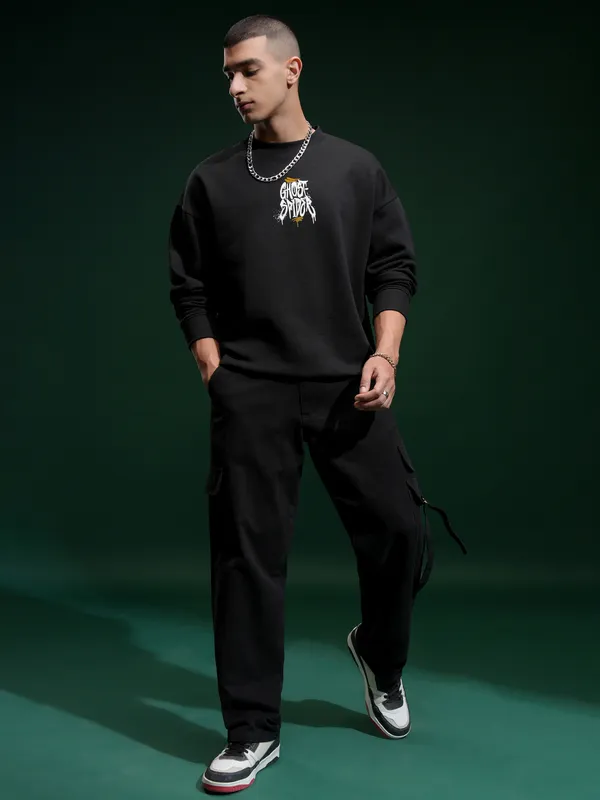 Marvel By Highlander Men Black Spider-Man Round Neck Pullover Sweatshirt