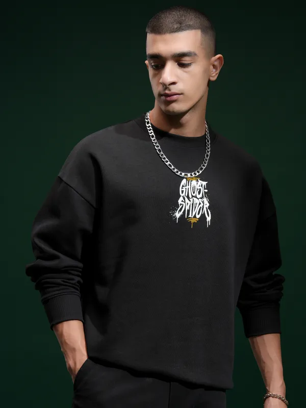 Marvel By Highlander Men Black Spider-Man Round Neck Pullover Sweatshirt