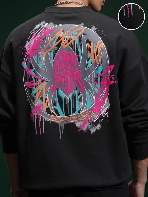 Marvel By Highlander Men Black Spider-Man Round Neck Pullover Sweatshirt