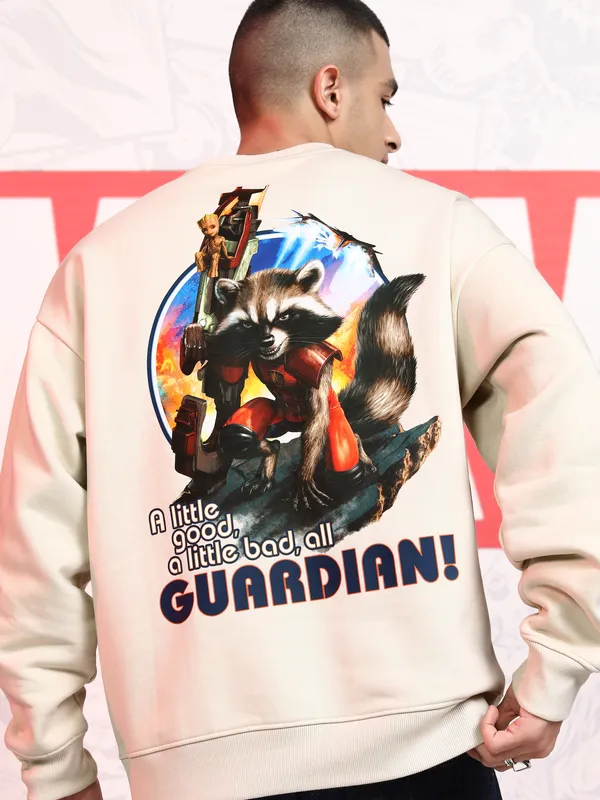 Marvel By Highlander Men Beige Guardians Of The Galaxy Round Neck Pullover Sweatshirt