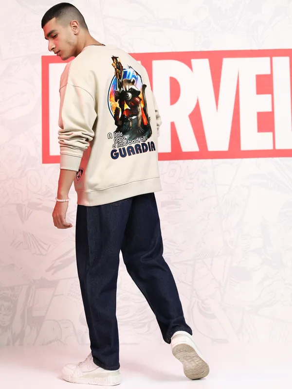 Marvel By Highlander Men Beige Guardians Of The Galaxy Round Neck Pullover Sweatshirt