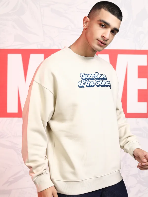 Marvel By Highlander Men Beige Guardians Of The Galaxy Round Neck Pullover Sweatshirt