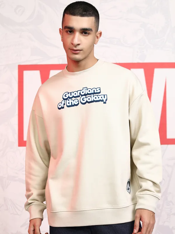 Marvel By Highlander Men Beige Guardians Of The Galaxy Round Neck Pullover Sweatshirt