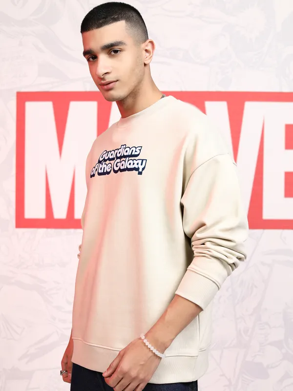 Marvel By Highlander Men Beige Guardians Of The Galaxy Round Neck Pullover Sweatshirt