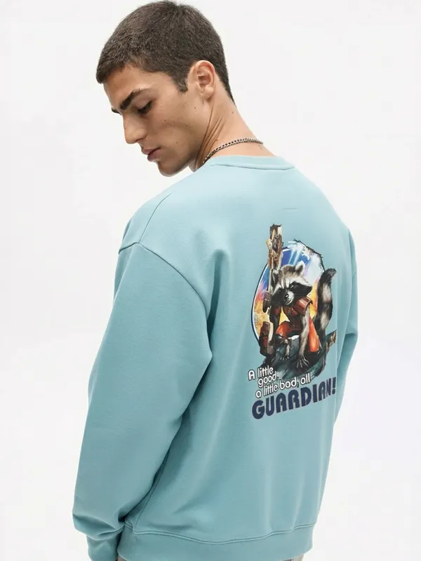 Marvel By Highlander Men Blue Rocket And Groot Round Neck Pullover Sweatshirt
