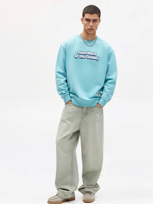 Marvel By Highlander Men Blue Rocket And Groot Round Neck Pullover Sweatshirt