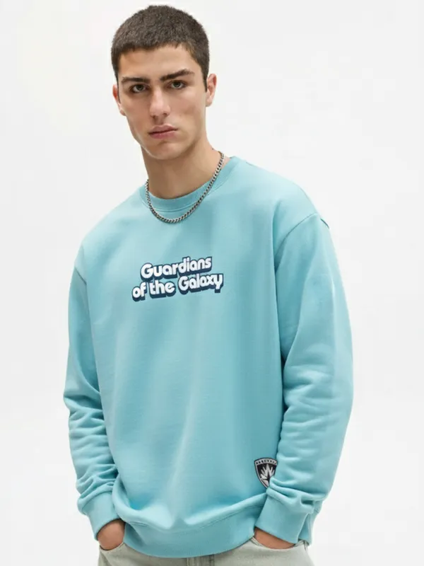 Marvel By Highlander Men Blue Rocket And Groot Round Neck Pullover Sweatshirt