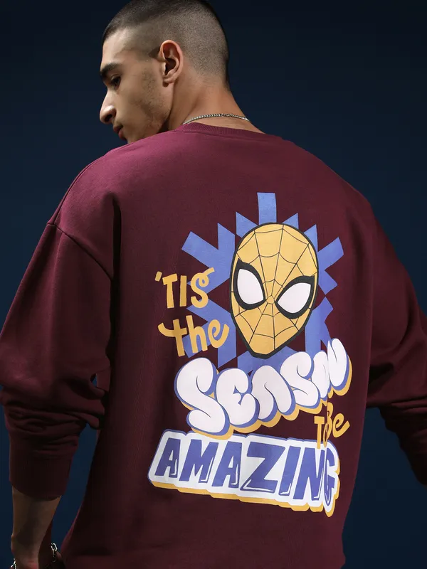 Marvel By Highlander Men Maroon Spider-Man Round Neck Pullover Sweatshirt