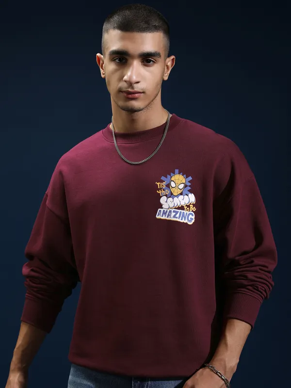 Marvel By Highlander Men Maroon Spider-Man Round Neck Pullover Sweatshirt