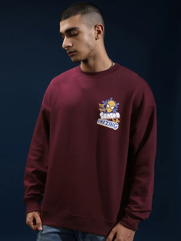 Marvel By Highlander Men Maroon Spider-Man Round Neck Pullover Sweatshirt