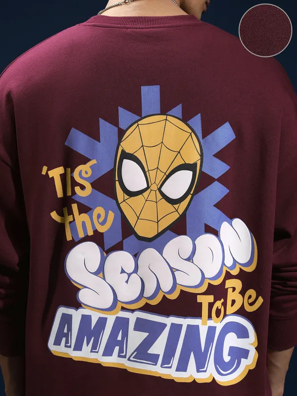 Marvel By Highlander Men Maroon Spider-Man Round Neck Pullover Sweatshirt