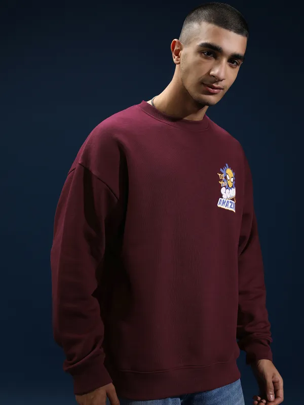 Marvel By Highlander Men Maroon Spider-Man Round Neck Pullover Sweatshirt