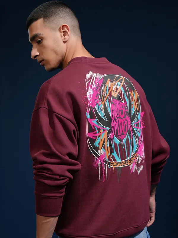 Marvel By Highlander Men Maroon Spider-Man Round Neck Pullover Sweatshirt