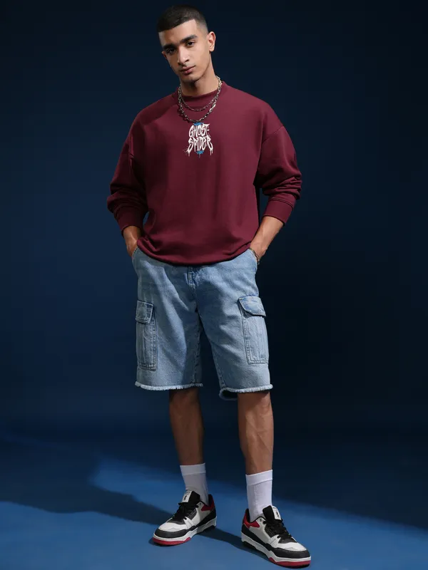 Marvel By Highlander Men Maroon Spider-Man Round Neck Pullover Sweatshirt