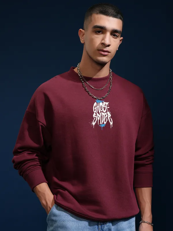 Marvel By Highlander Men Maroon Spider-Man Round Neck Pullover Sweatshirt