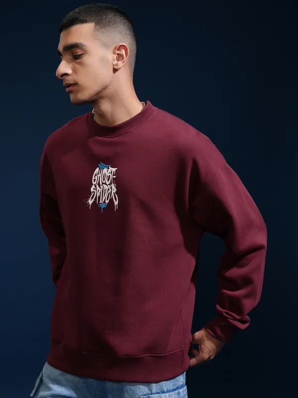 Marvel By Highlander Men Maroon Spider-Man Round Neck Pullover Sweatshirt