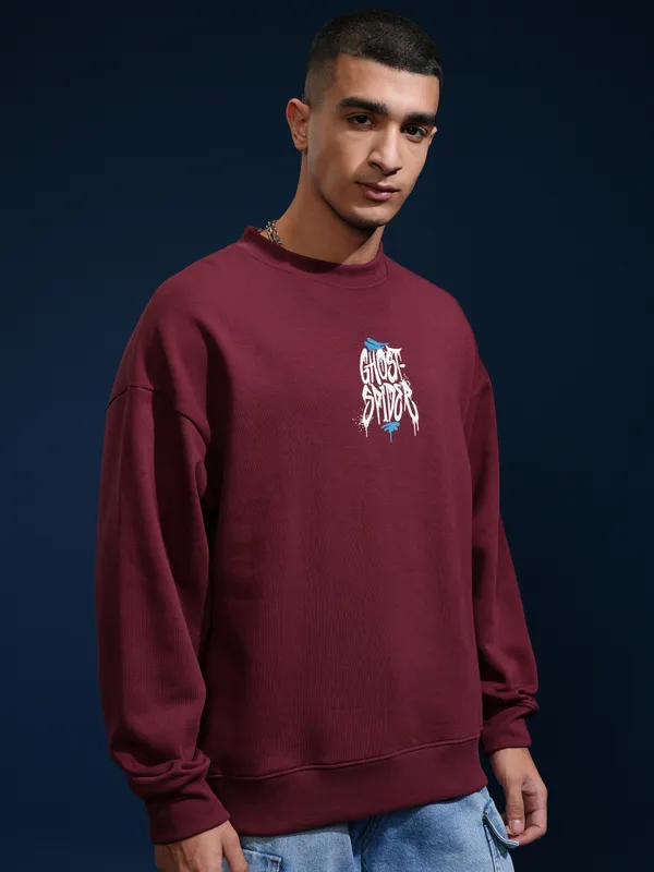 Marvel By Highlander Men Maroon Spider-Man Round Neck Pullover Sweatshirt