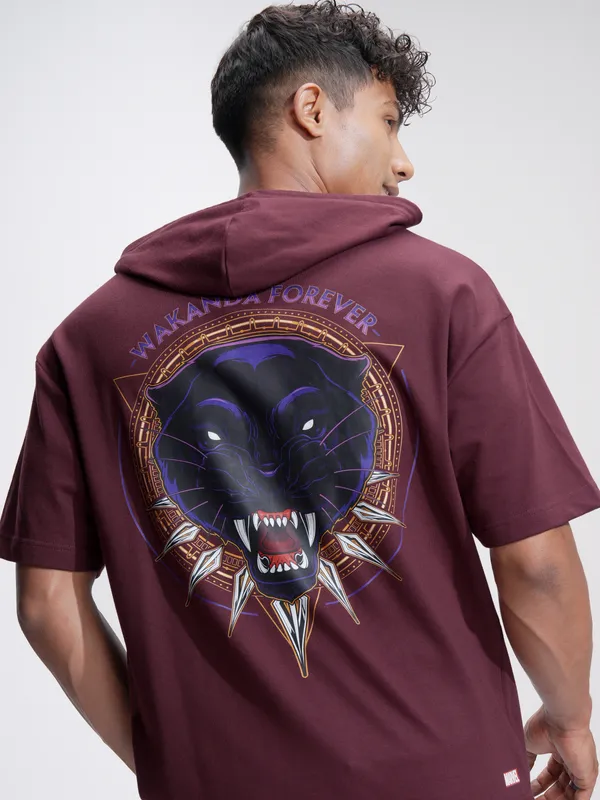 Marvel By Highlander Men Brown Black Panther Hood Pullover Oversized Fit Sweatshirt