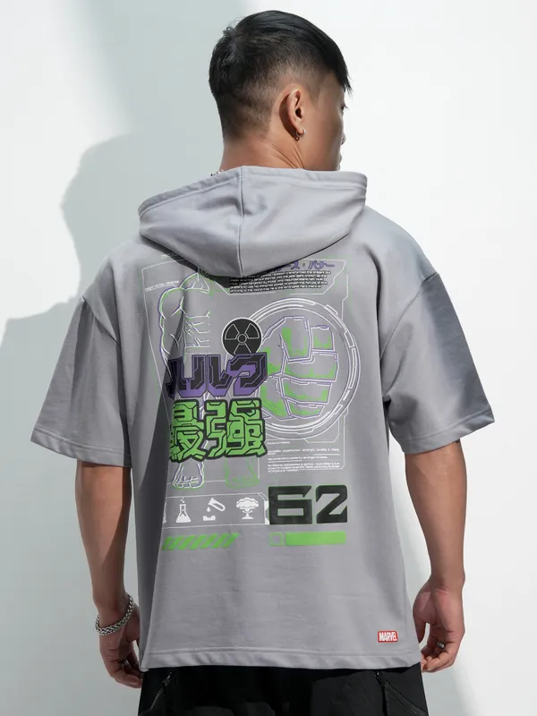 Marvel By Highlander Men Grey Hulk Oversized Fit Hooded Sweatshirt