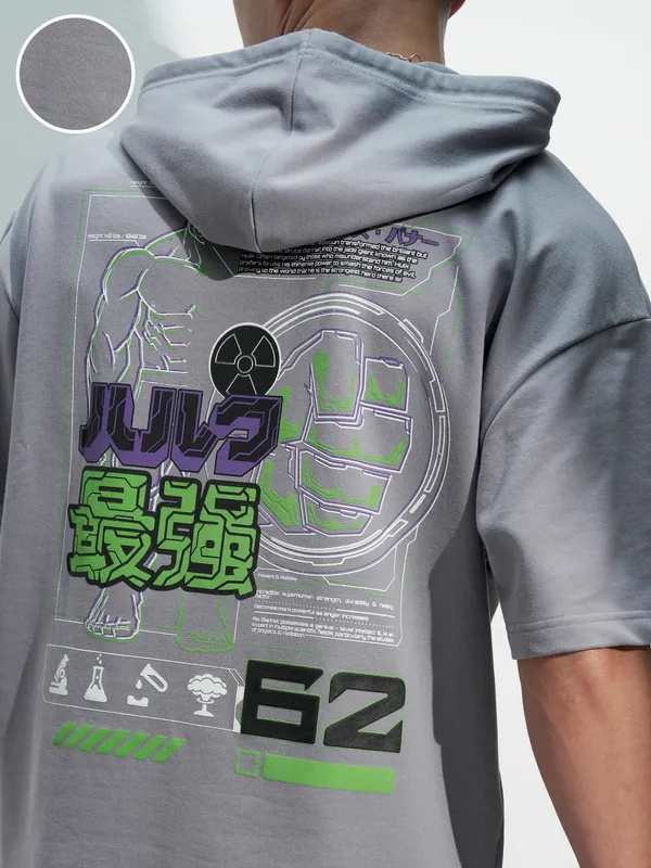 Marvel By Highlander Men Grey Hulk Oversized Fit Hooded Sweatshirt