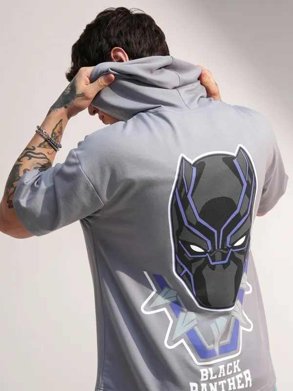 Marvel By Highlander Men Grey Black Panther Hooded Pullover Sweatshirt