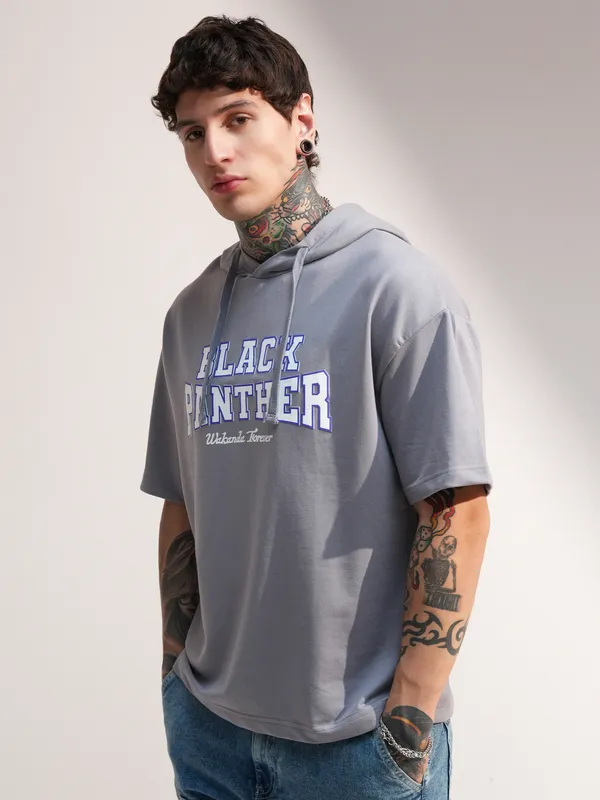 Marvel By Highlander Men Grey Black Panther Hooded Pullover Sweatshirt