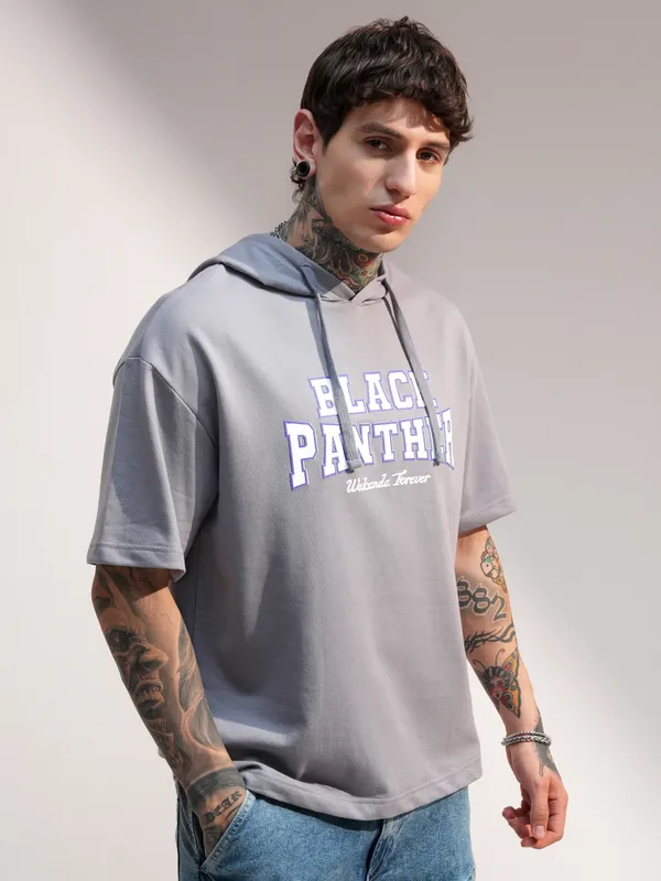 Marvel By Highlander Men Grey Black Panther Hooded Pullover Sweatshirt