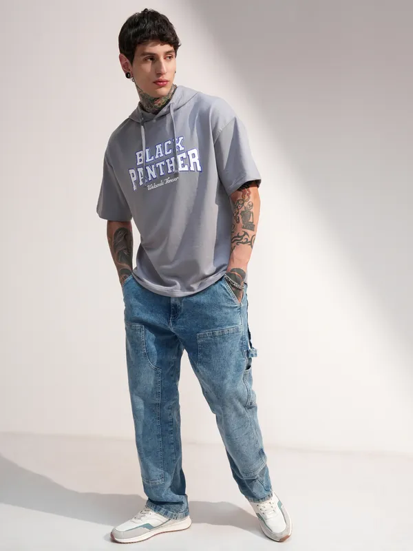 Marvel By Highlander Men Grey Black Panther Hooded Pullover Sweatshirt