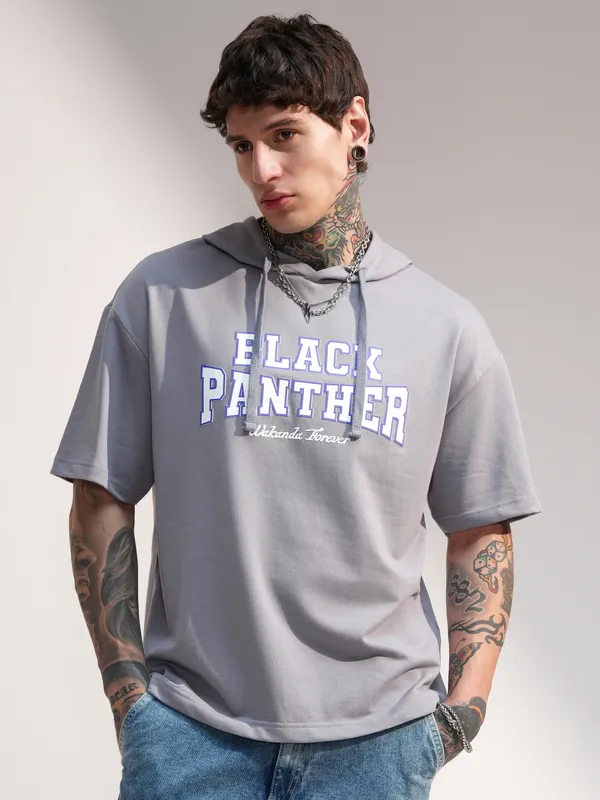 Marvel By Highlander Men Grey Black Panther Hooded Pullover Sweatshirt