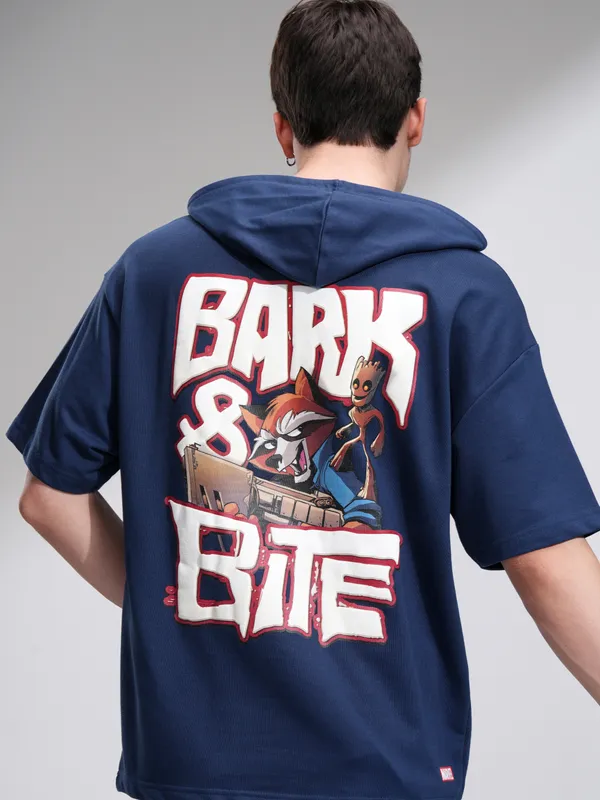 Marvel By Highlander Men Navy Blue Groot And Rocket Hooded Pullover Sweatshirt