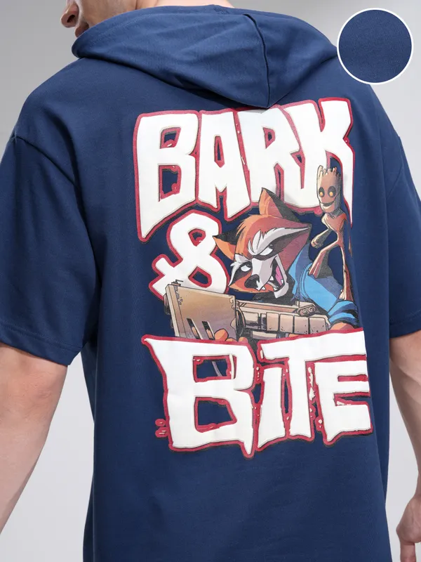 Marvel By Highlander Men Navy Blue Groot And Rocket Hooded Pullover Sweatshirt