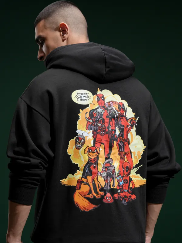 Marvel By Highlander Men Black Deadpool Hooded Pullover Sweatshirt