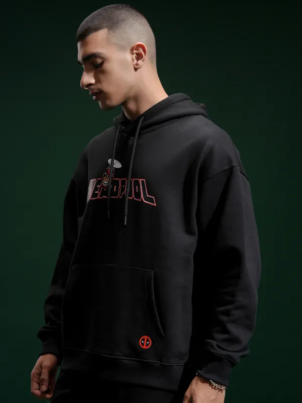 Marvel By Highlander Men Black Deadpool Hooded Pullover Sweatshirt