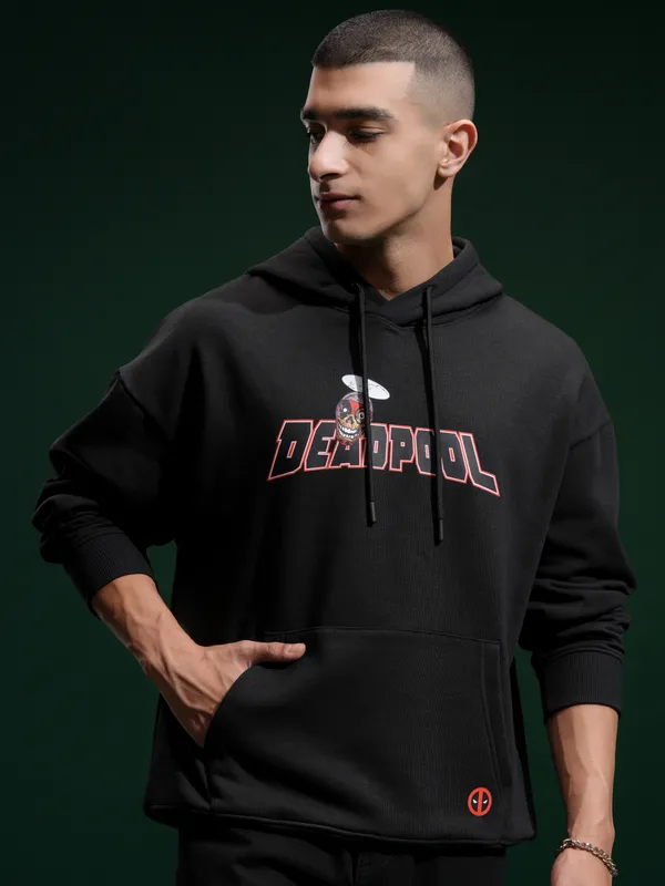 Marvel By Highlander Men Black Deadpool Hooded Pullover Sweatshirt
