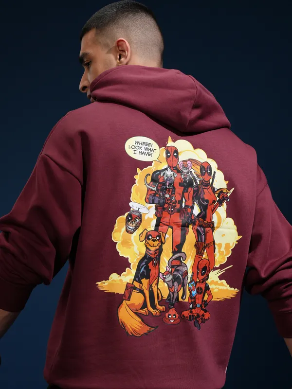 Marvel By Highlander Men Maroon Deadpool Hooded Pullover Sweatshirt