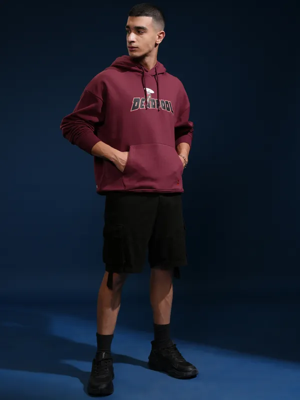 Marvel By Highlander Men Maroon Deadpool Hooded Pullover Sweatshirt