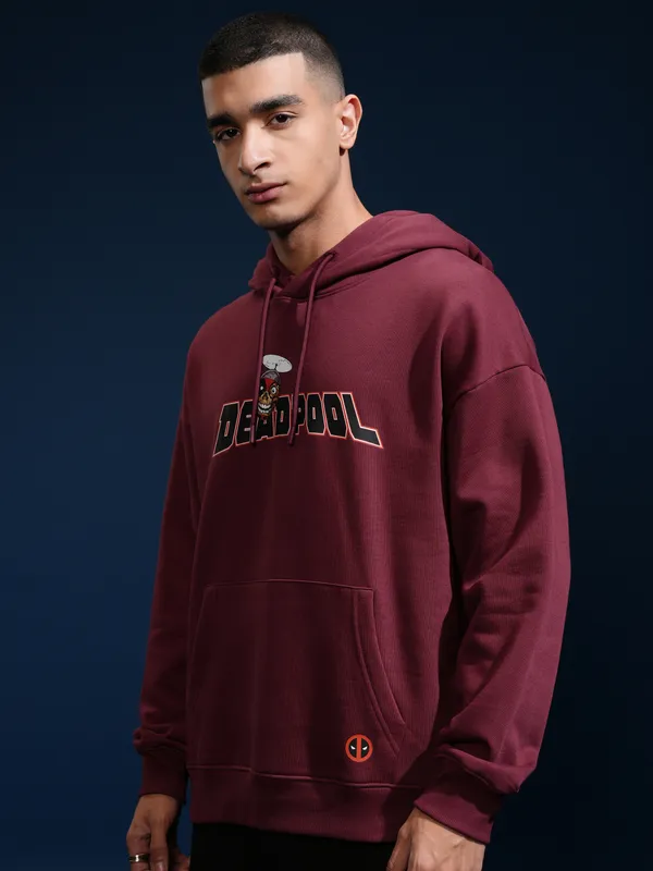 Marvel By Highlander Men Maroon Deadpool Hooded Pullover Sweatshirt