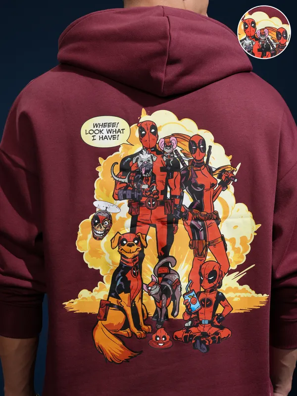 Marvel By Highlander Men Maroon Deadpool Hooded Pullover Sweatshirt